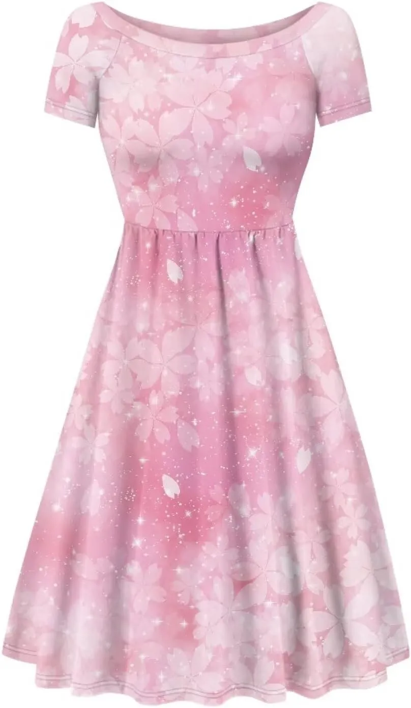 Spring Fall Summer Flowy Knee Length Dress for Women Loose Fitting Short Sleeve Midi Dress Size XS-4XL