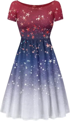 Spring Fall Summer Flowy Knee Length Dress for Women Loose Fitting Short Sleeve Midi Dress Size XS-4XL