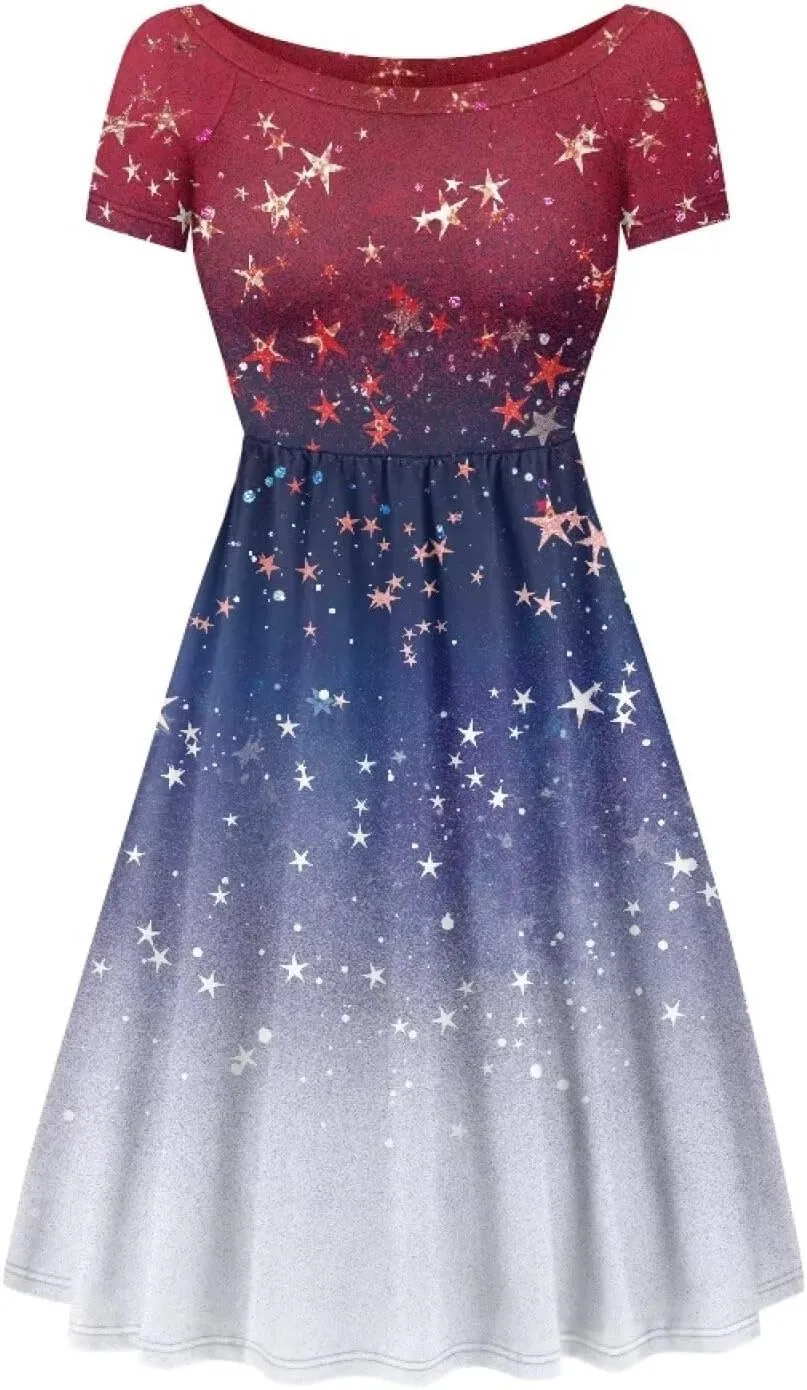 Spring Fall Summer Flowy Knee Length Dress for Women Loose Fitting Short Sleeve Midi Dress Size XS-4XL