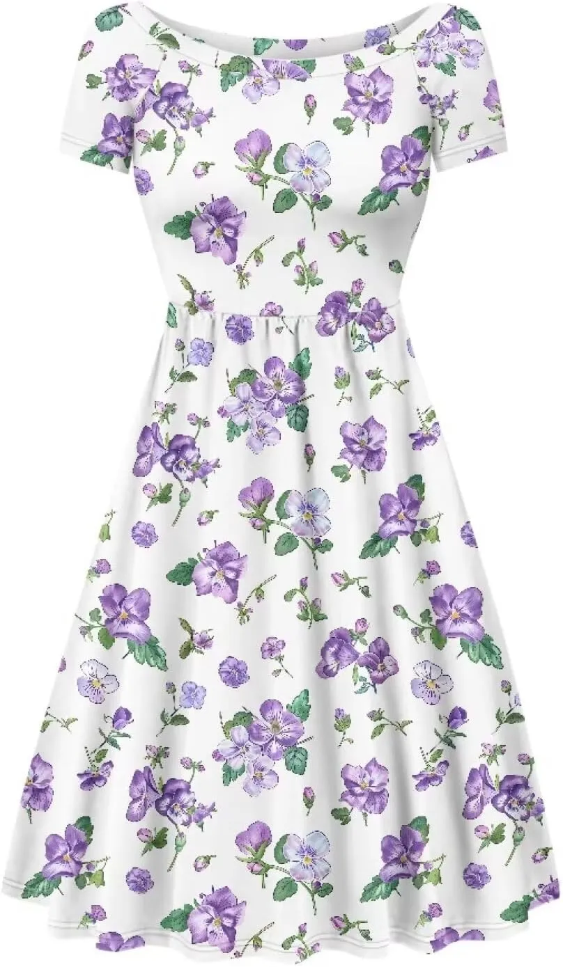Spring Fall Summer Flowy Knee Length Dress for Women Loose Fitting Short Sleeve Midi Dress Size XS-4XL