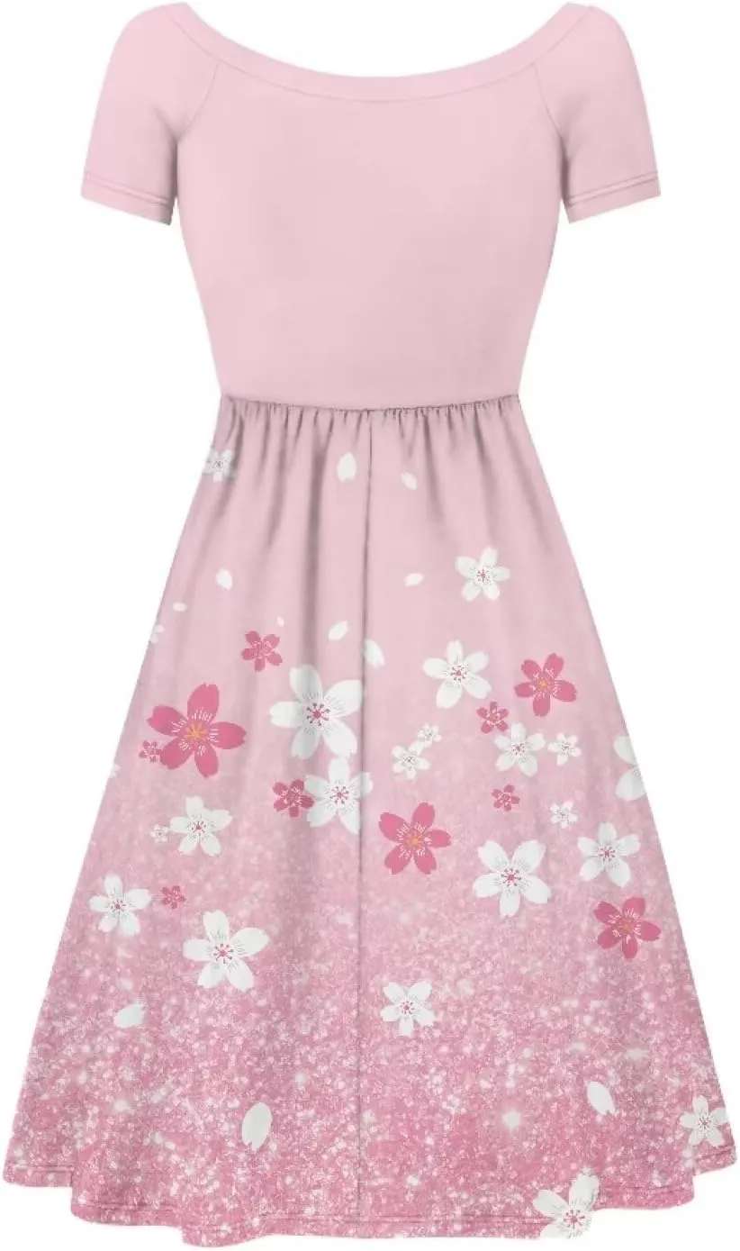 Spring Fall Summer Flowy Knee Length Dress for Women Loose Fitting Short Sleeve Midi Dress Size XS-4XL