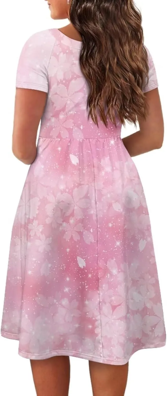 Spring Fall Summer Flowy Knee Length Dress for Women Loose Fitting Short Sleeve Midi Dress Size XS-4XL