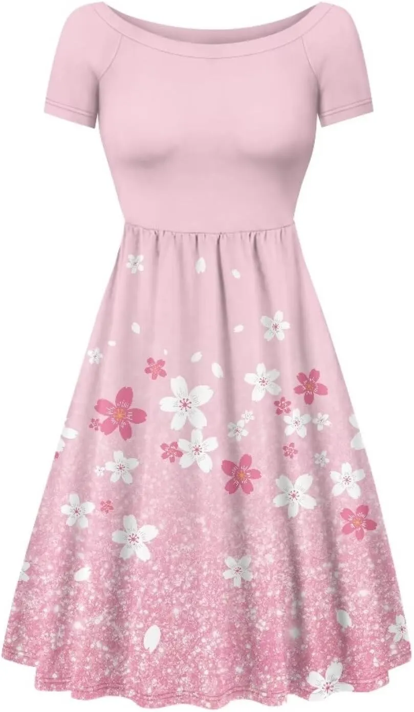 Spring Fall Summer Flowy Knee Length Dress for Women Loose Fitting Short Sleeve Midi Dress Size XS-4XL