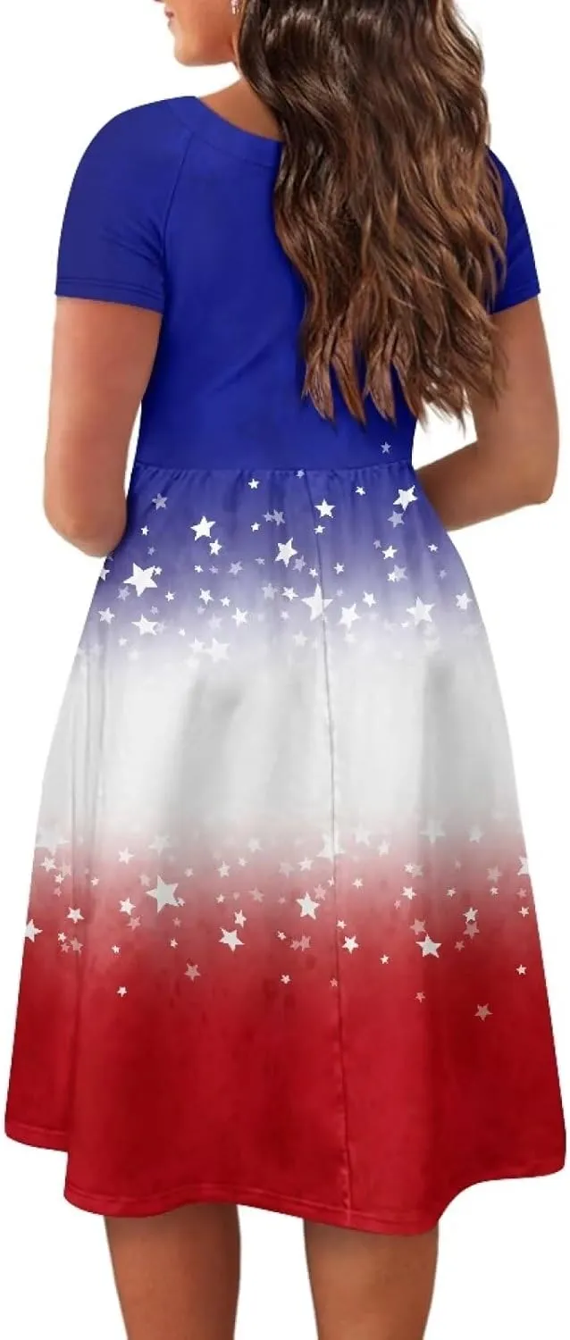 Spring Fall Summer Flowy Knee Length Dress for Women Loose Fitting Short Sleeve Midi Dress Size XS-4XL