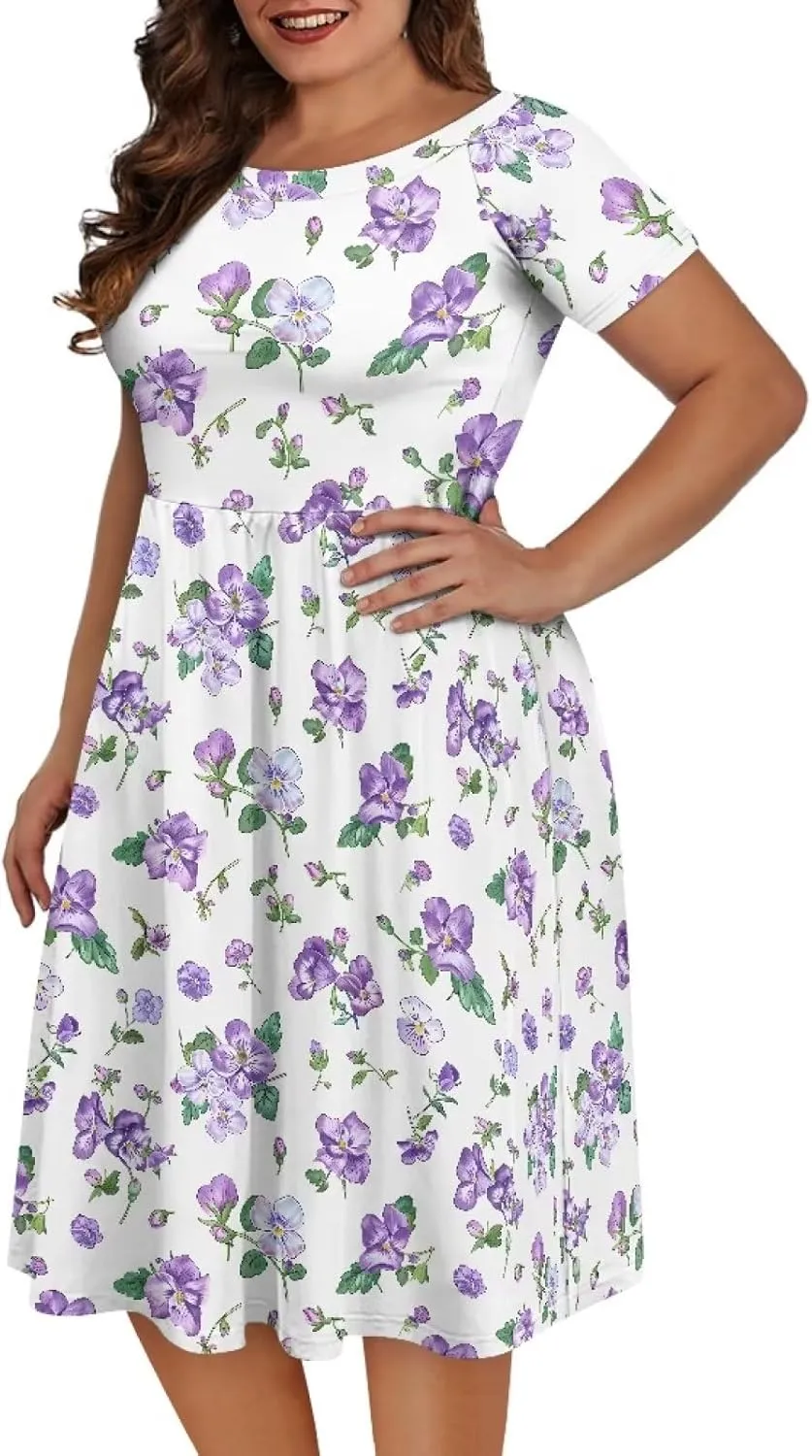 Spring Fall Summer Flowy Knee Length Dress for Women Loose Fitting Short Sleeve Midi Dress Size XS-4XL
