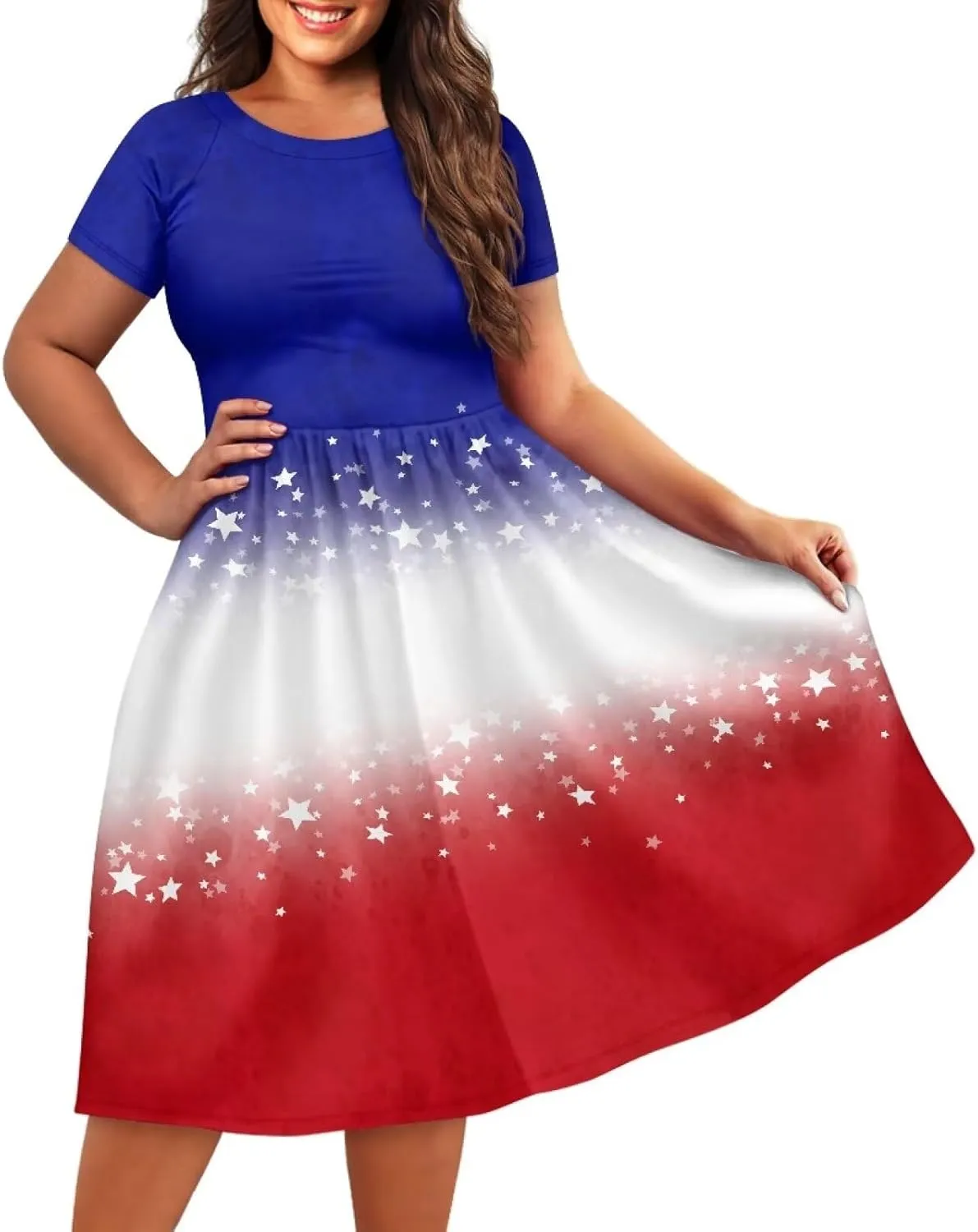 Spring Fall Summer Flowy Knee Length Dress for Women Loose Fitting Short Sleeve Midi Dress Size XS-4XL