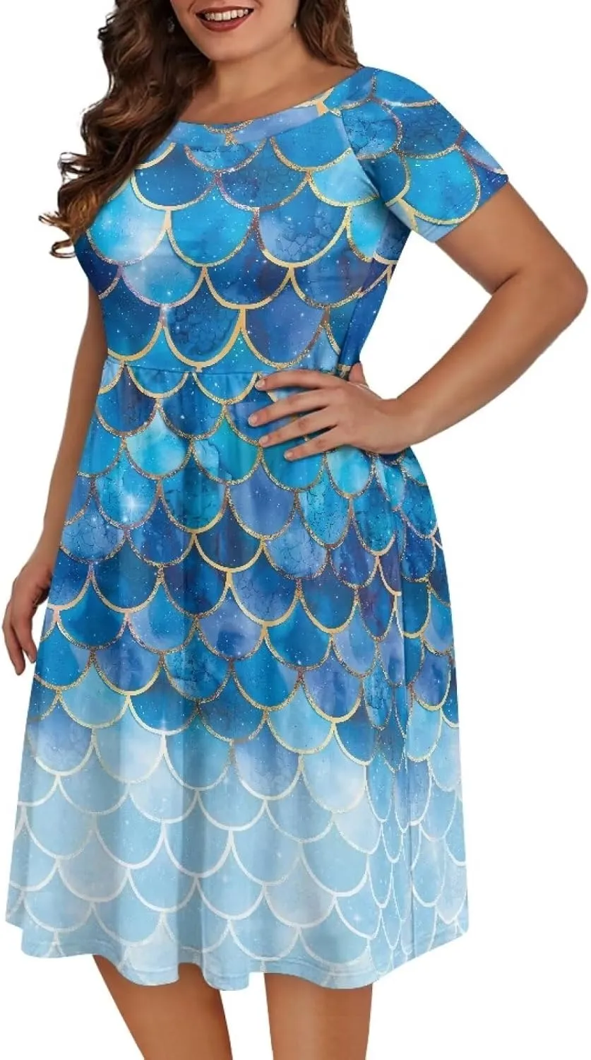 Spring Fall Summer Flowy Knee Length Dress for Women Loose Fitting Short Sleeve Midi Dress Size XS-4XL