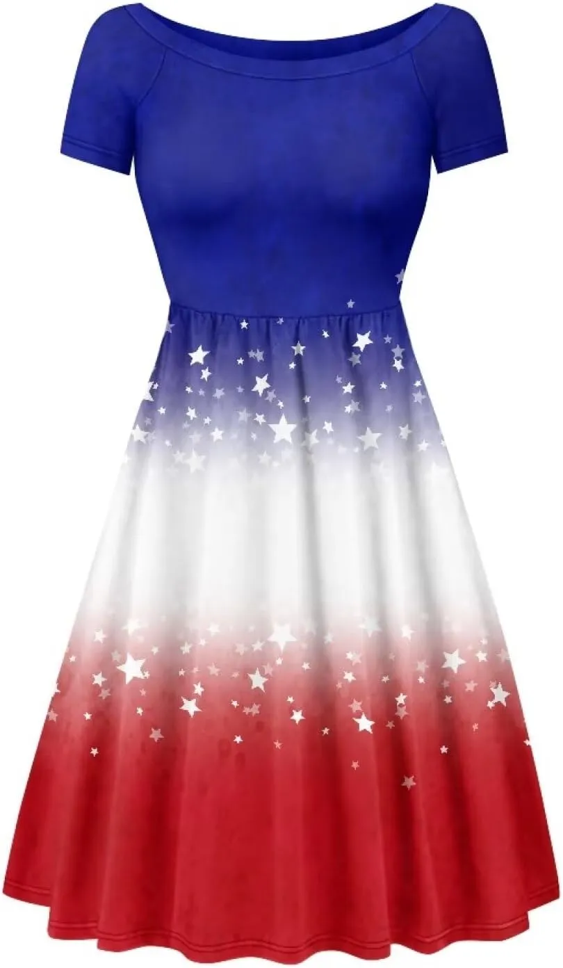 Spring Fall Summer Flowy Knee Length Dress for Women Loose Fitting Short Sleeve Midi Dress Size XS-4XL