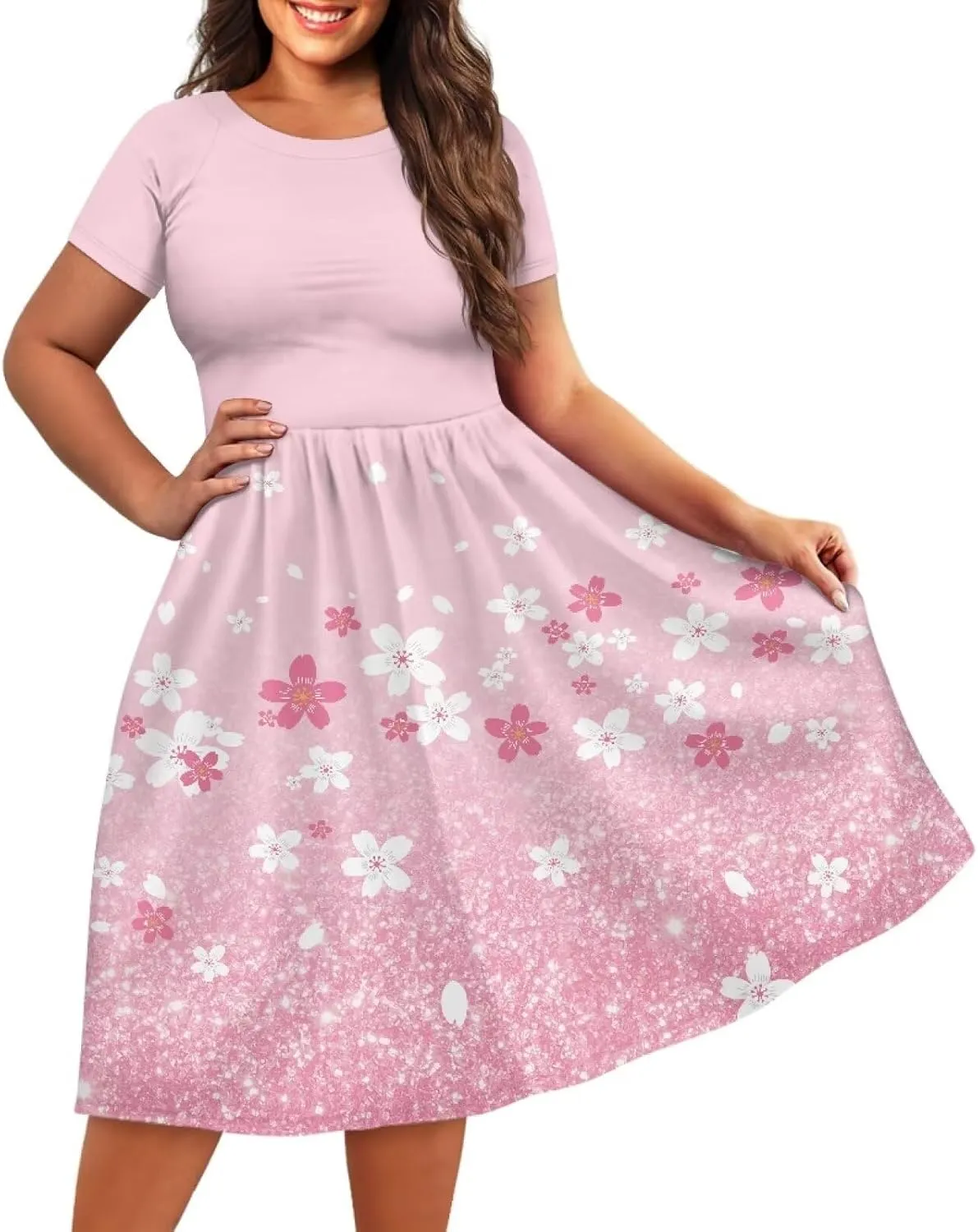 Spring Fall Summer Flowy Knee Length Dress for Women Loose Fitting Short Sleeve Midi Dress Size XS-4XL