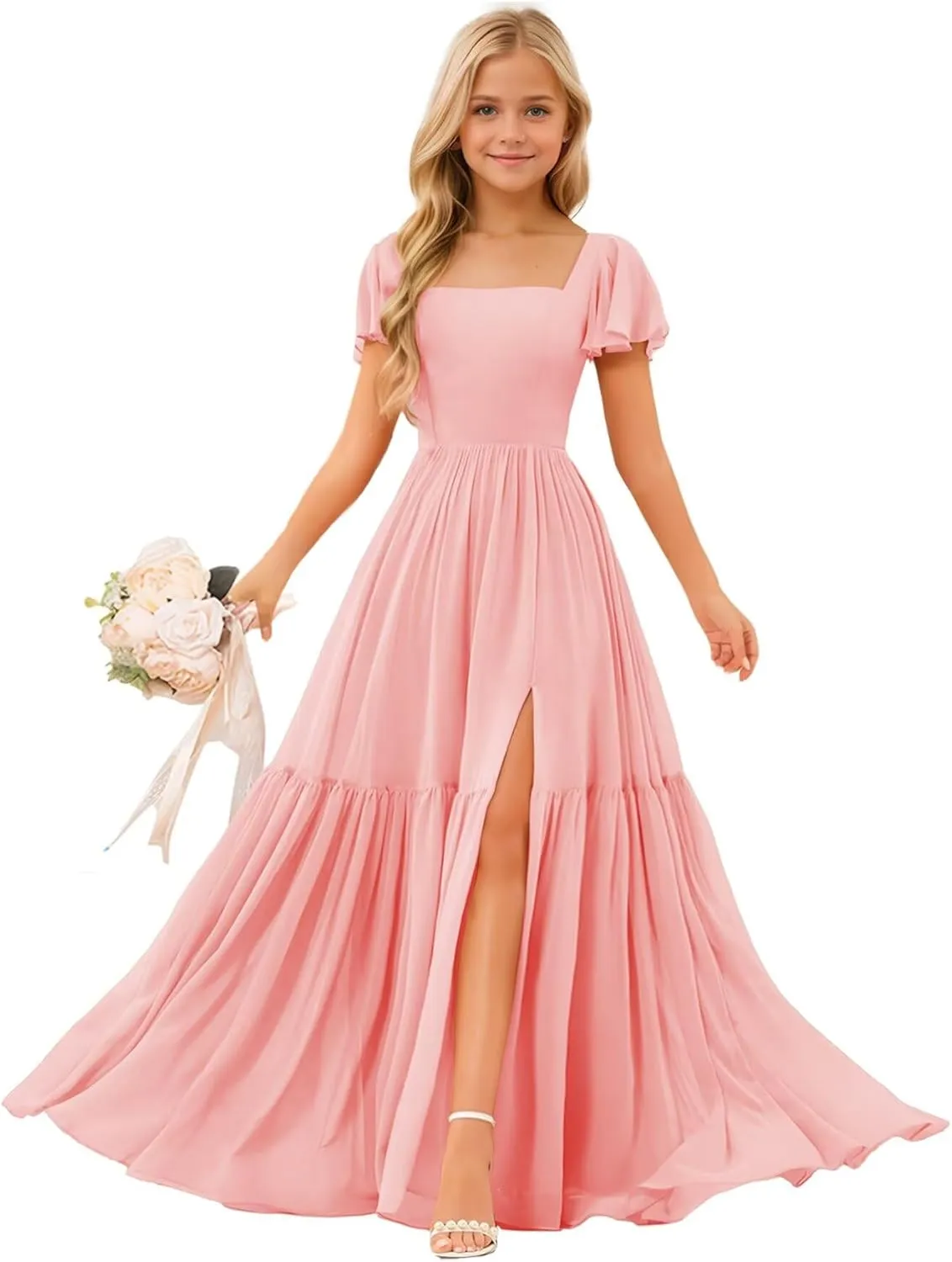Square Neck Junior Bridesmaid Dresses Chiffon Flower Girls Dresses A Line Girls Wedding Pageant Gowns