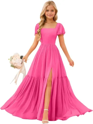 Square Neck Junior Bridesmaid Dresses Chiffon Flower Girls Dresses A Line Girls Wedding Pageant Gowns