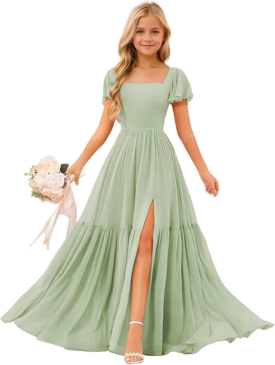 Square Neck Junior Bridesmaid Dresses Chiffon Flower Girls Dresses A Line Girls Wedding Pageant Gowns