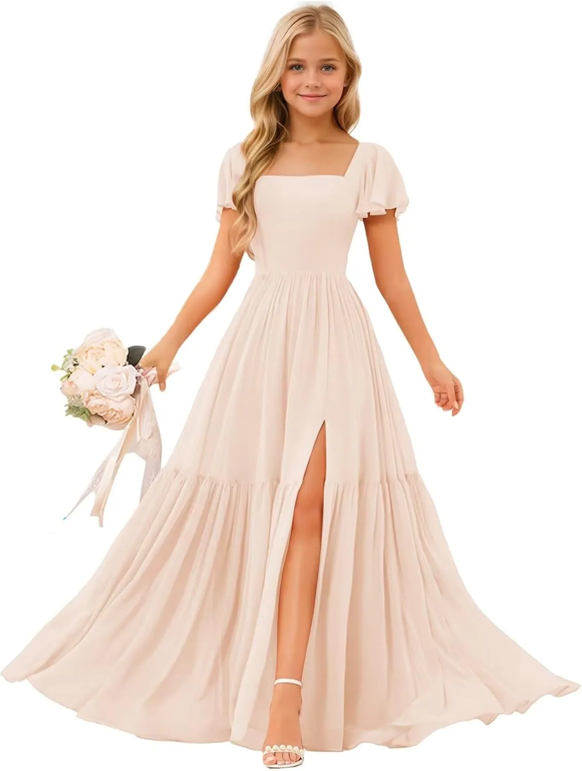 Square Neck Junior Bridesmaid Dresses Chiffon Flower Girls Dresses A Line Girls Wedding Pageant Gowns