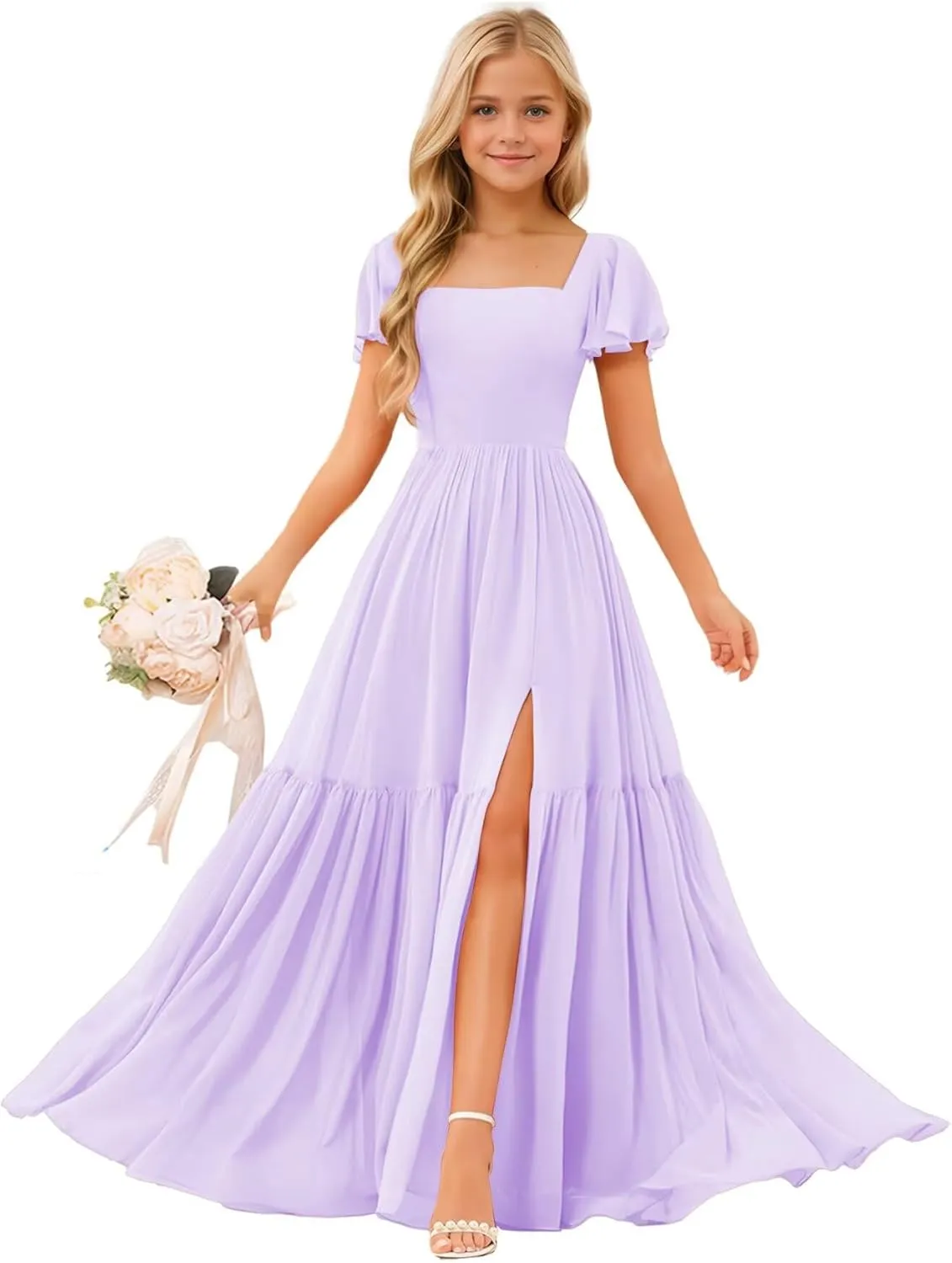 Square Neck Junior Bridesmaid Dresses Chiffon Flower Girls Dresses A Line Girls Wedding Pageant Gowns