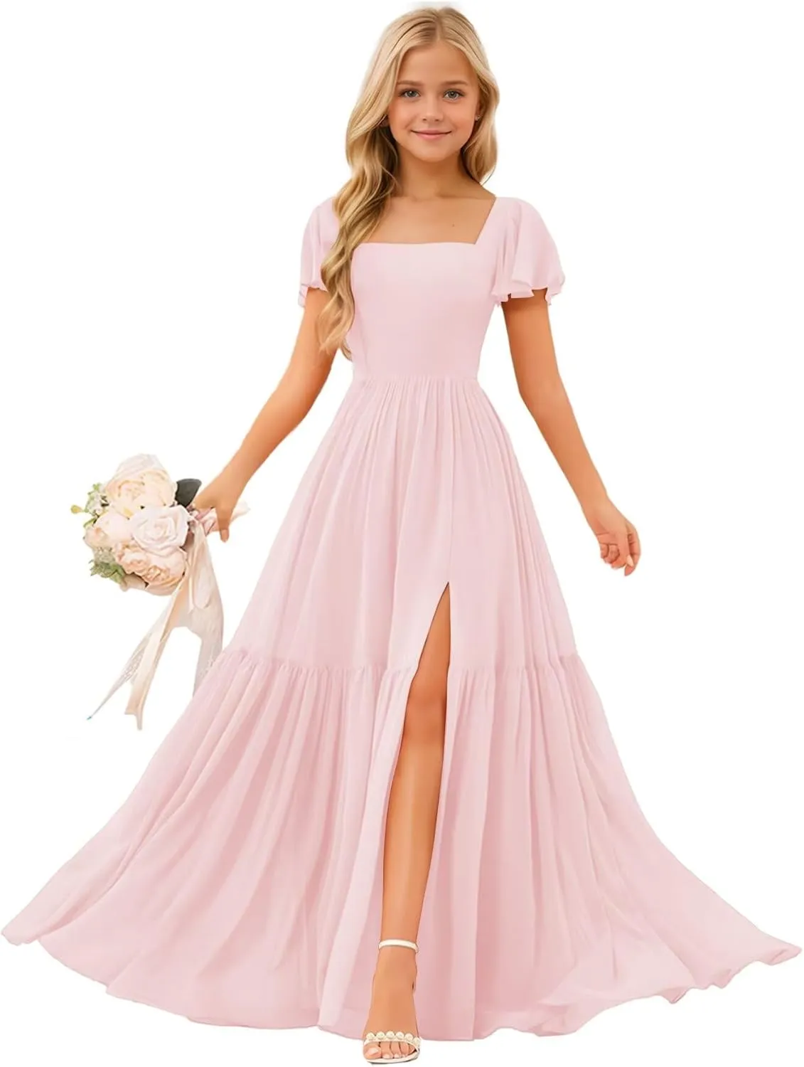 Square Neck Junior Bridesmaid Dresses Chiffon Flower Girls Dresses A Line Girls Wedding Pageant Gowns