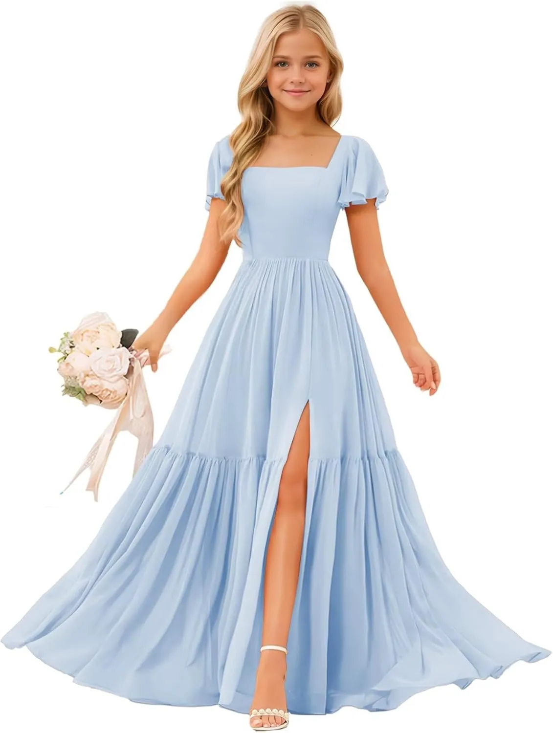 Square Neck Junior Bridesmaid Dresses Chiffon Flower Girls Dresses A Line Girls Wedding Pageant Gowns