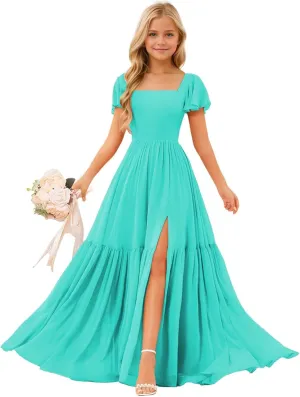 Square Neck Junior Bridesmaid Dresses Chiffon Flower Girls Dresses A Line Girls Wedding Pageant Gowns