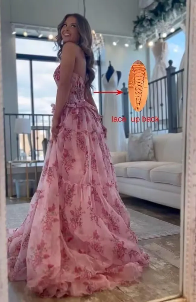 Strapless Floral Print Prom Dresses for Women A Line Tulle Formal Evening Dress Long Pleated Ball Gowns AS03