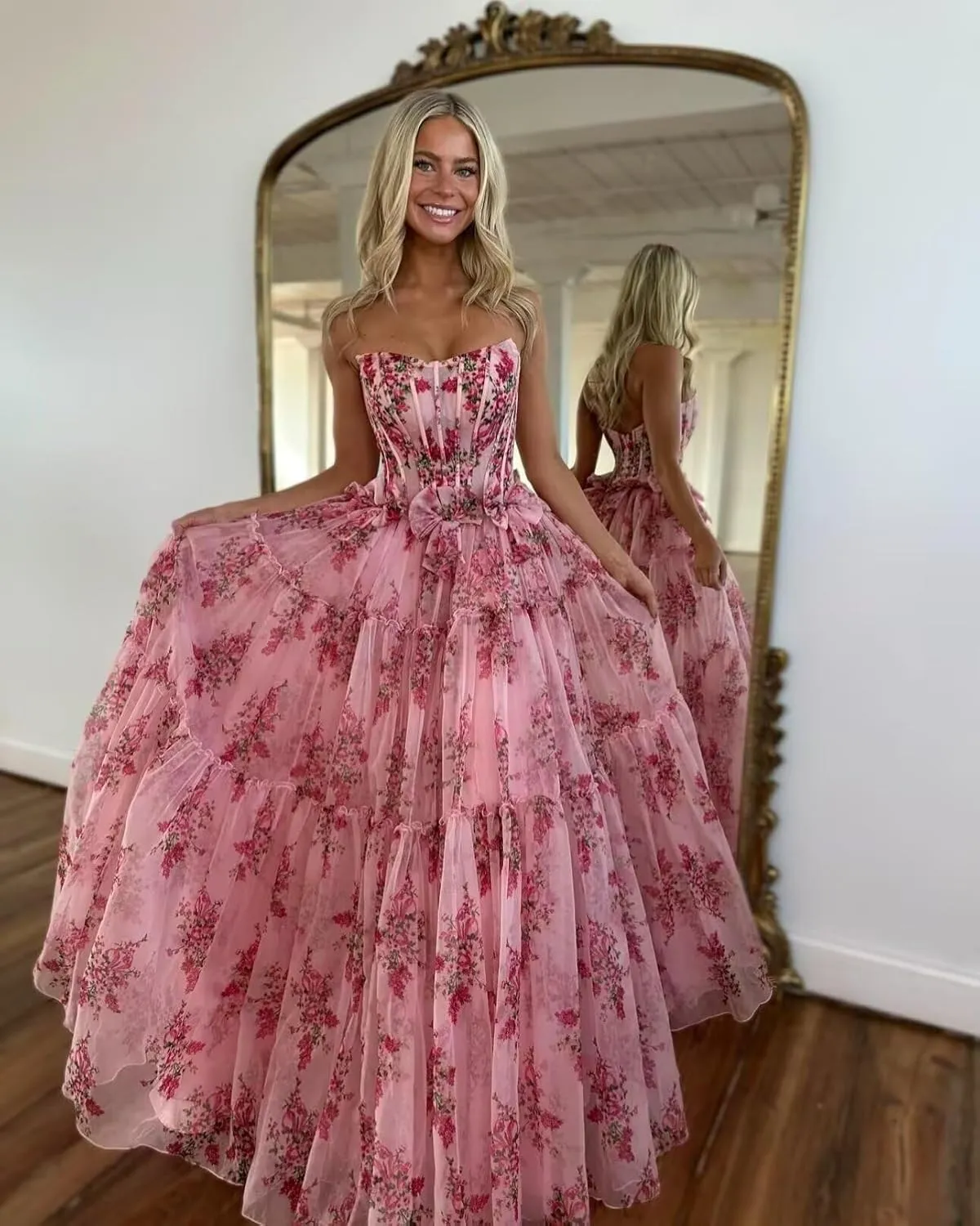 Strapless Floral Print Prom Dresses for Women A Line Tulle Formal Evening Dress Long Pleated Ball Gowns AS03