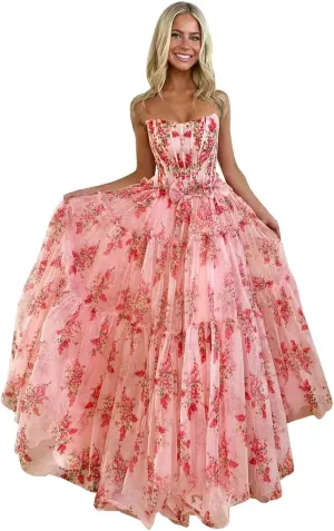 Strapless Floral Print Prom Dresses for Women A Line Tulle Formal Evening Dress Long Pleated Ball Gowns AS03