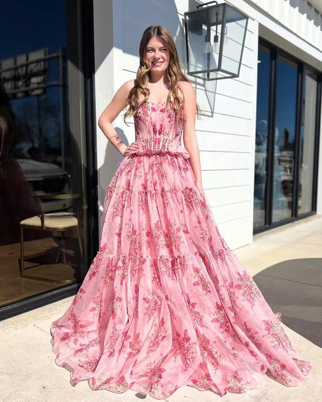 Strapless Floral Print Prom Dresses for Women A Line Tulle Formal Evening Dress Long Pleated Ball Gowns AS03