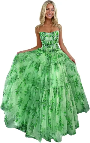 Strapless Floral Print Prom Dresses for Women A Line Tulle Formal Evening Dress Long Pleated Ball Gowns AS03