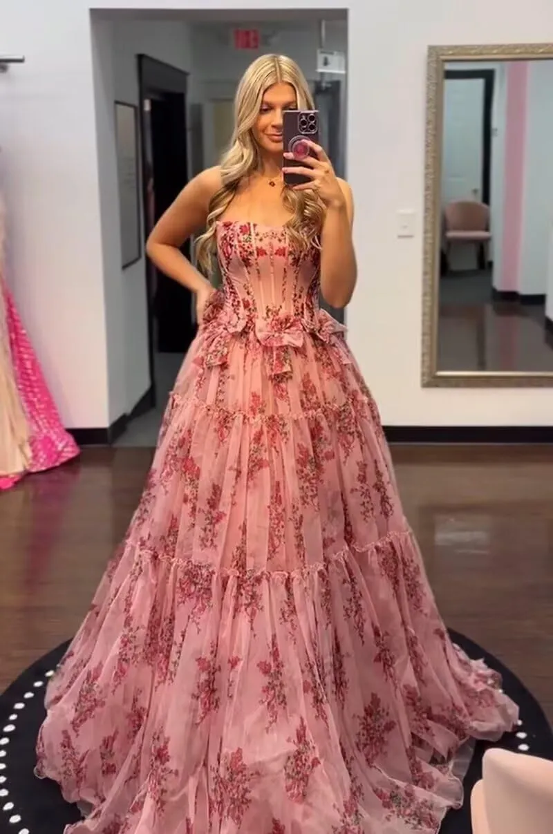 Strapless Floral Print Prom Dresses for Women A Line Tulle Formal Evening Dress Long Pleated Ball Gowns AS03