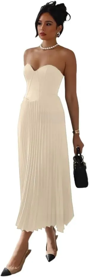 Strapless Prom Dresses for Women Pleated Satin Tea Length Corset Formal Evening Party Gowns