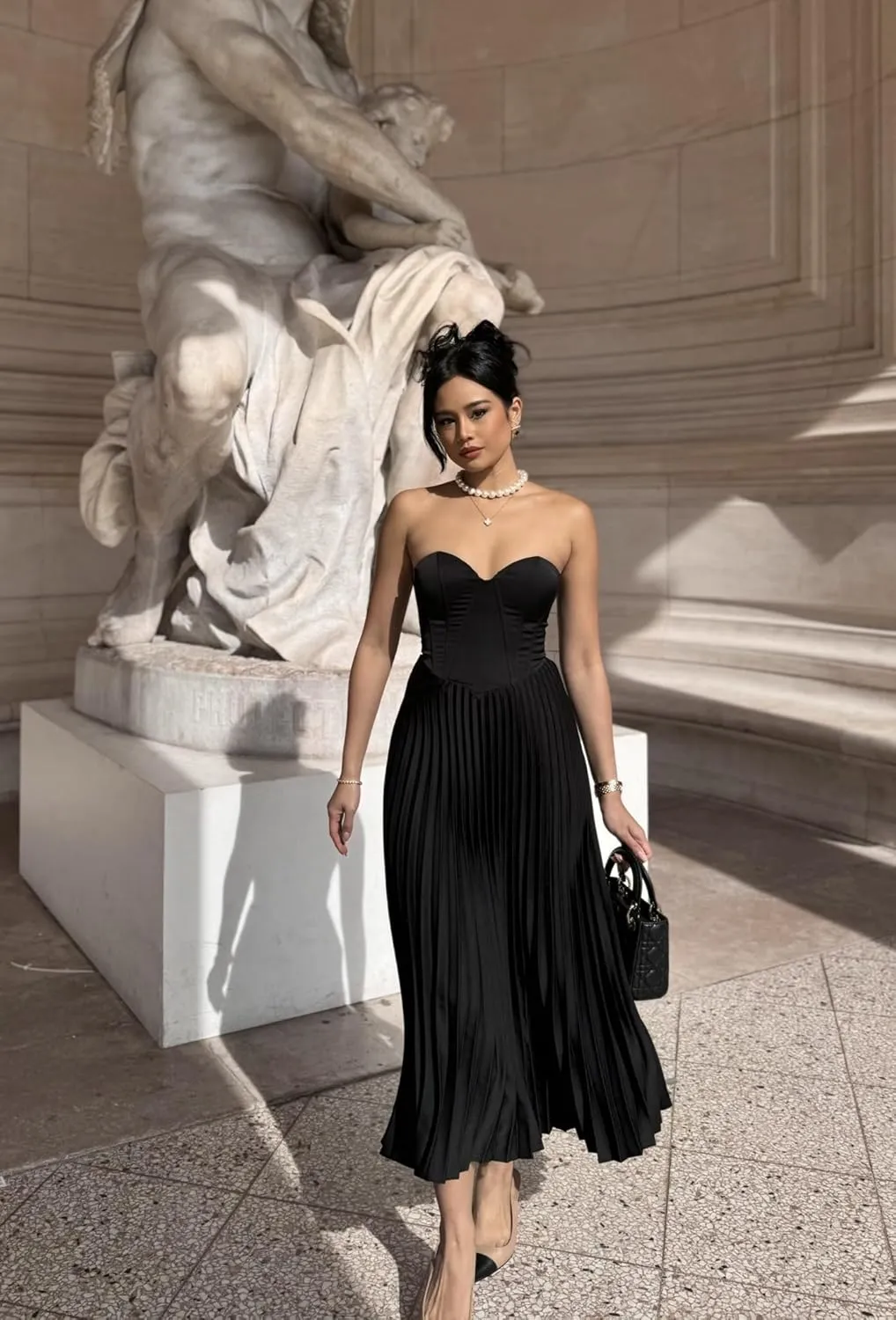 Strapless Prom Dresses for Women Pleated Satin Tea Length Corset Formal Evening Party Gowns