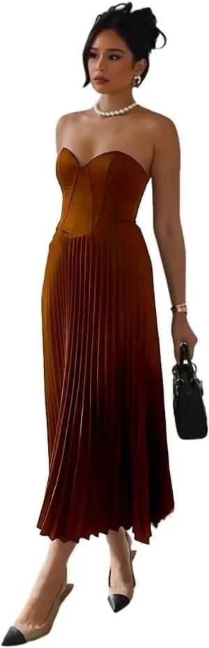 Strapless Prom Dresses for Women Pleated Satin Tea Length Corset Formal Evening Party Gowns