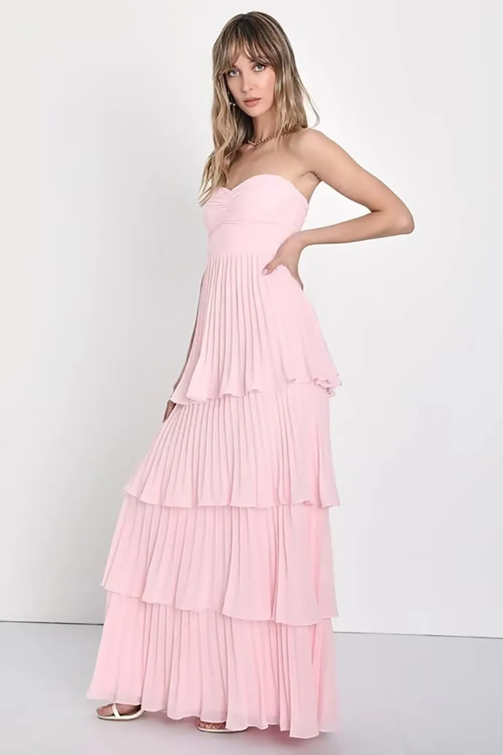 Strapless Tiered Bridesmaid Dresses for Women Floor Length Sweetheart Chiffon Formal Dress for Cocktail Party