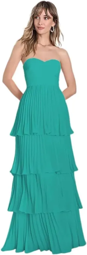 Strapless Tiered Bridesmaid Dresses for Women Floor Length Sweetheart Chiffon Formal Dress for Cocktail Party