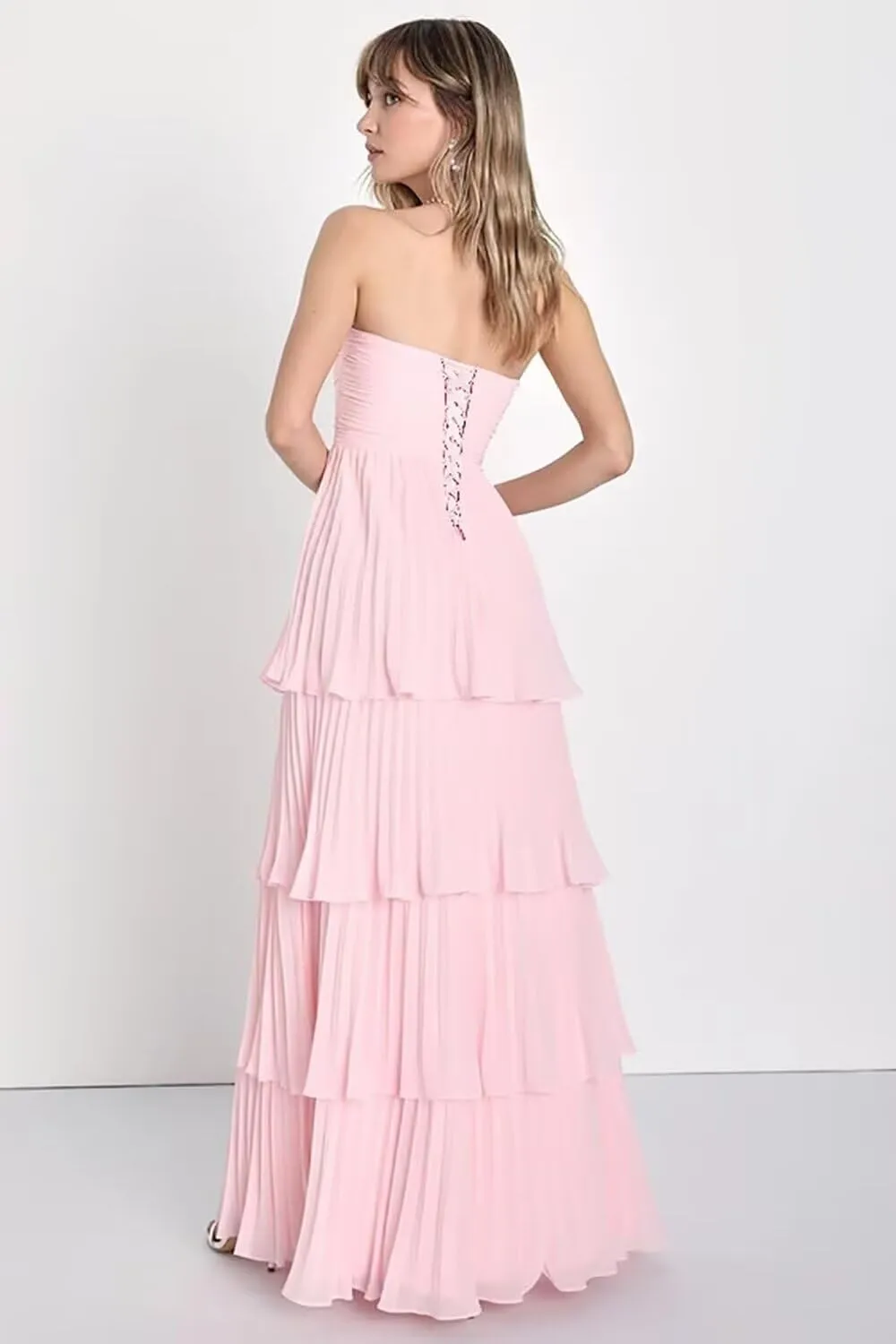 Strapless Tiered Bridesmaid Dresses for Women Floor Length Sweetheart Chiffon Formal Dress for Cocktail Party
