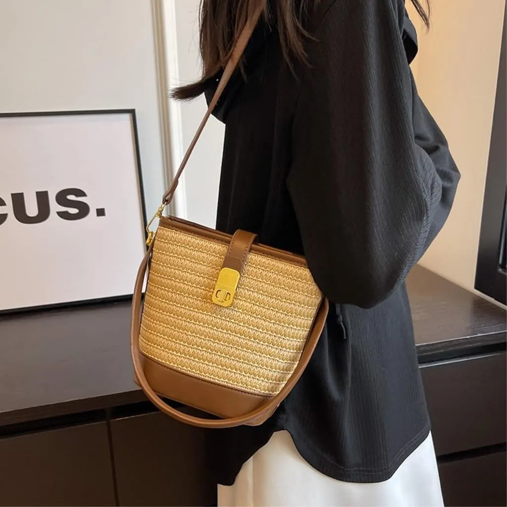 Straw Bag Woven Straw Bag Women 2023 New Shoulder Bag Summer Versatile Portable Bucket Bag Woven Shoulder Bag