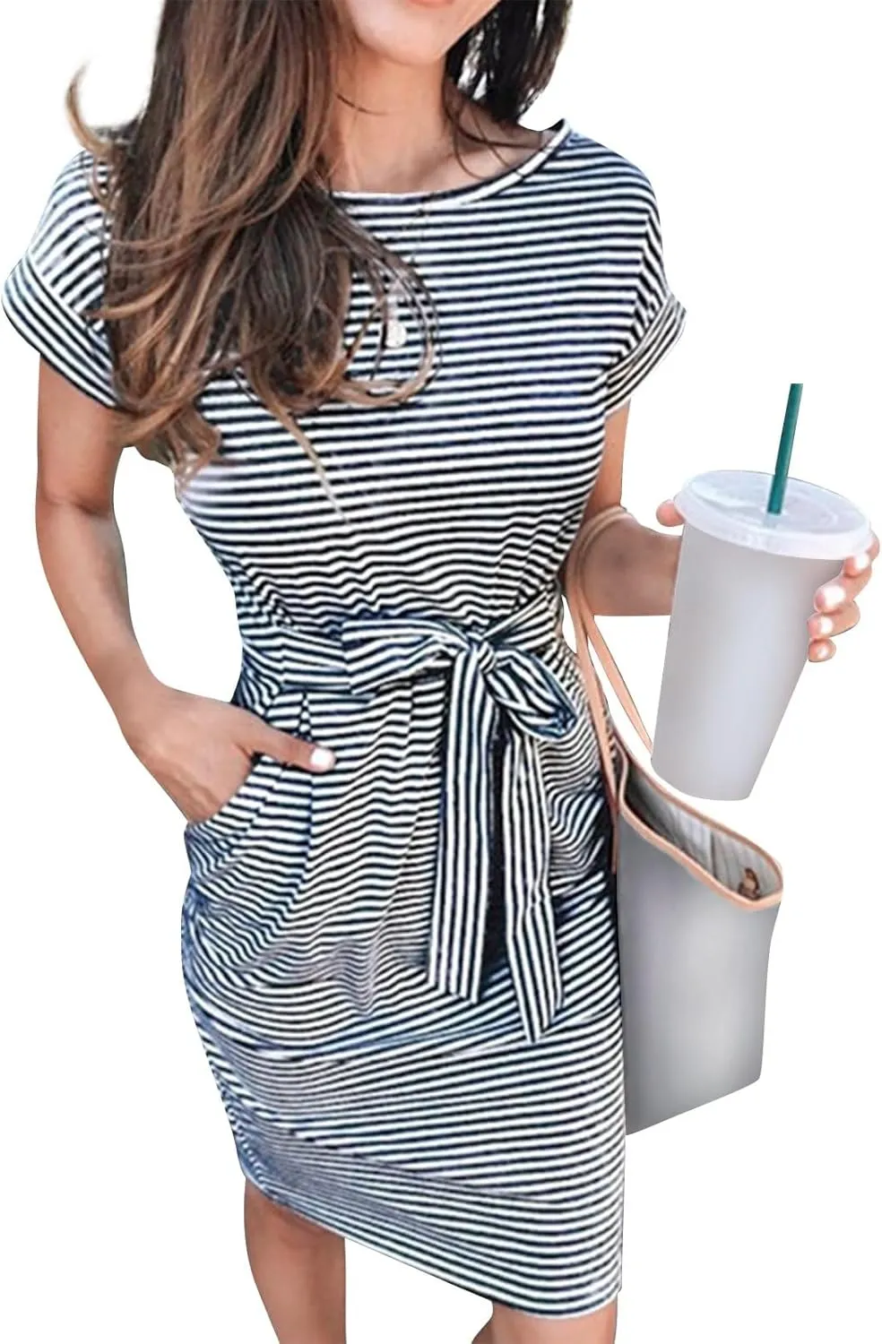 Striped T Shirt Dress Women Short Sleeve Tie Waist Summer Dress with Pockets Casual Crew Neck Office Work Midi Dress