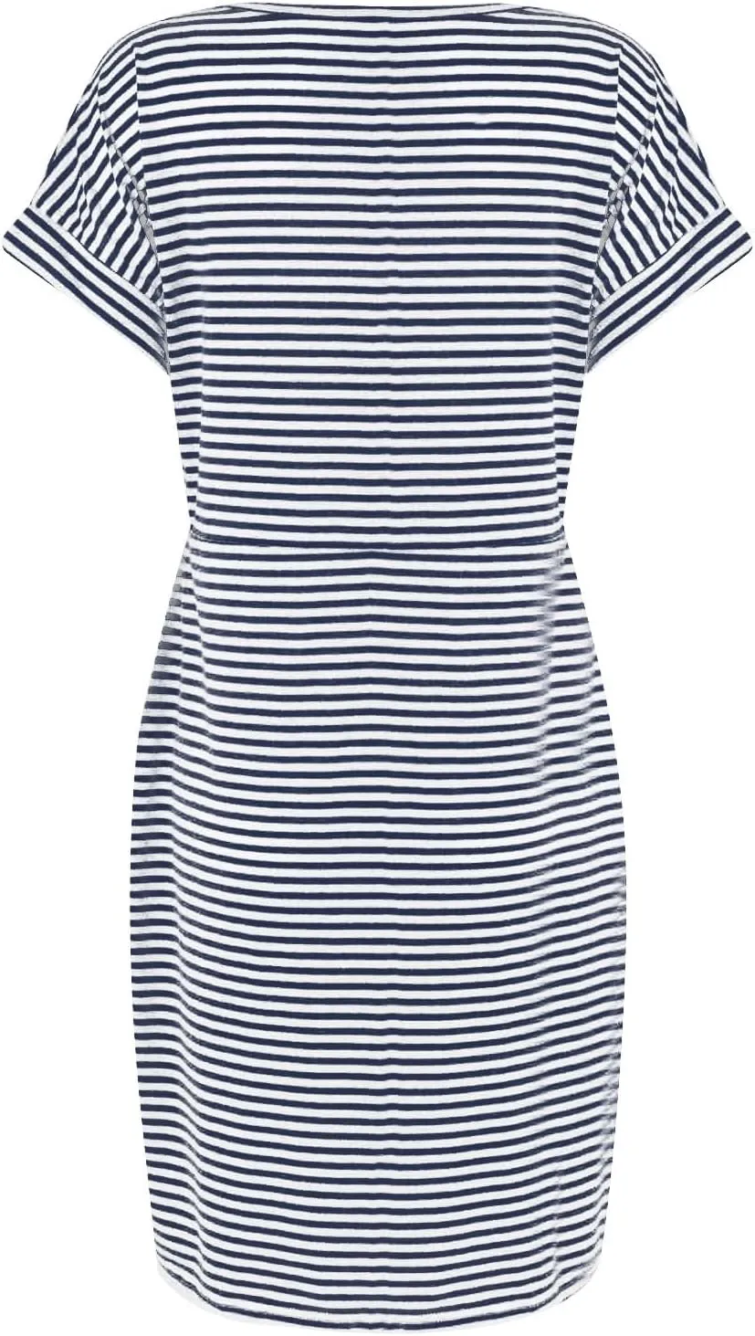 Striped T Shirt Dress Women Short Sleeve Tie Waist Summer Dress with Pockets Casual Crew Neck Office Work Midi Dress