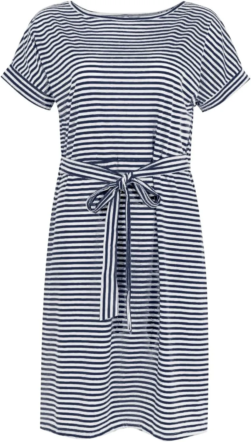 Striped T Shirt Dress Women Short Sleeve Tie Waist Summer Dress with Pockets Casual Crew Neck Office Work Midi Dress
