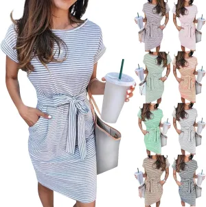 Striped T Shirt Dress Women Short Sleeve Tie Waist Summer Dress with Pockets Casual Crew Neck Office Work Midi Dress