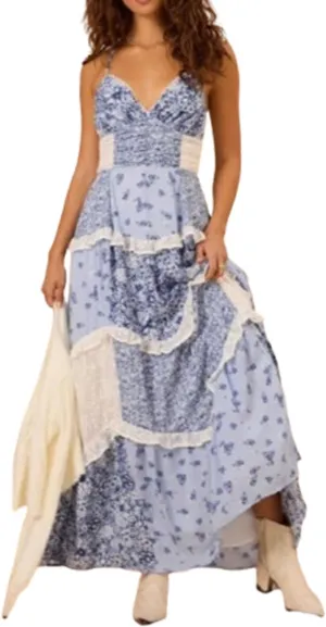 Stunning Adernlia Patchwork Floral Maxi Dress  Plus Size Boho V-Neck Ruffle Tiered Dress for Women (Blue,Large)
