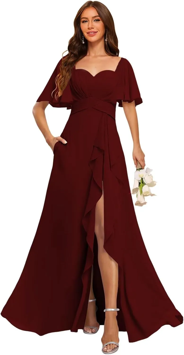 Stylefun A Line Chiffon Bridesmaid Dresses with Slit Flutter Sleeve Formal Party Dress CYM272