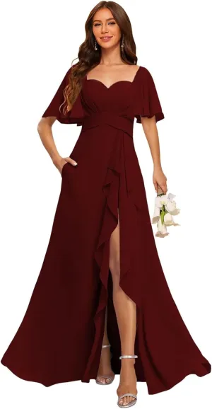 Stylefun A Line Chiffon Bridesmaid Dresses with Slit Flutter Sleeve Formal Party Dress CYM272