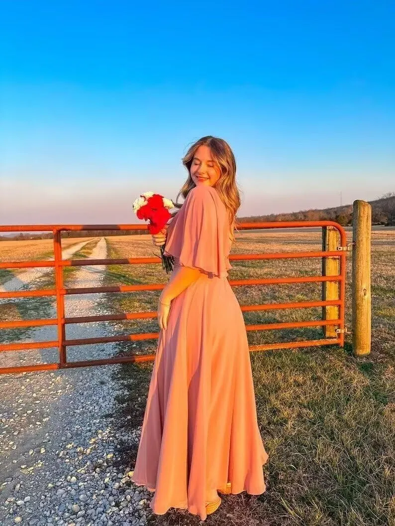 Stylefun A Line Chiffon Bridesmaid Dresses with Slit Flutter Sleeve Formal Party Dress CYM272