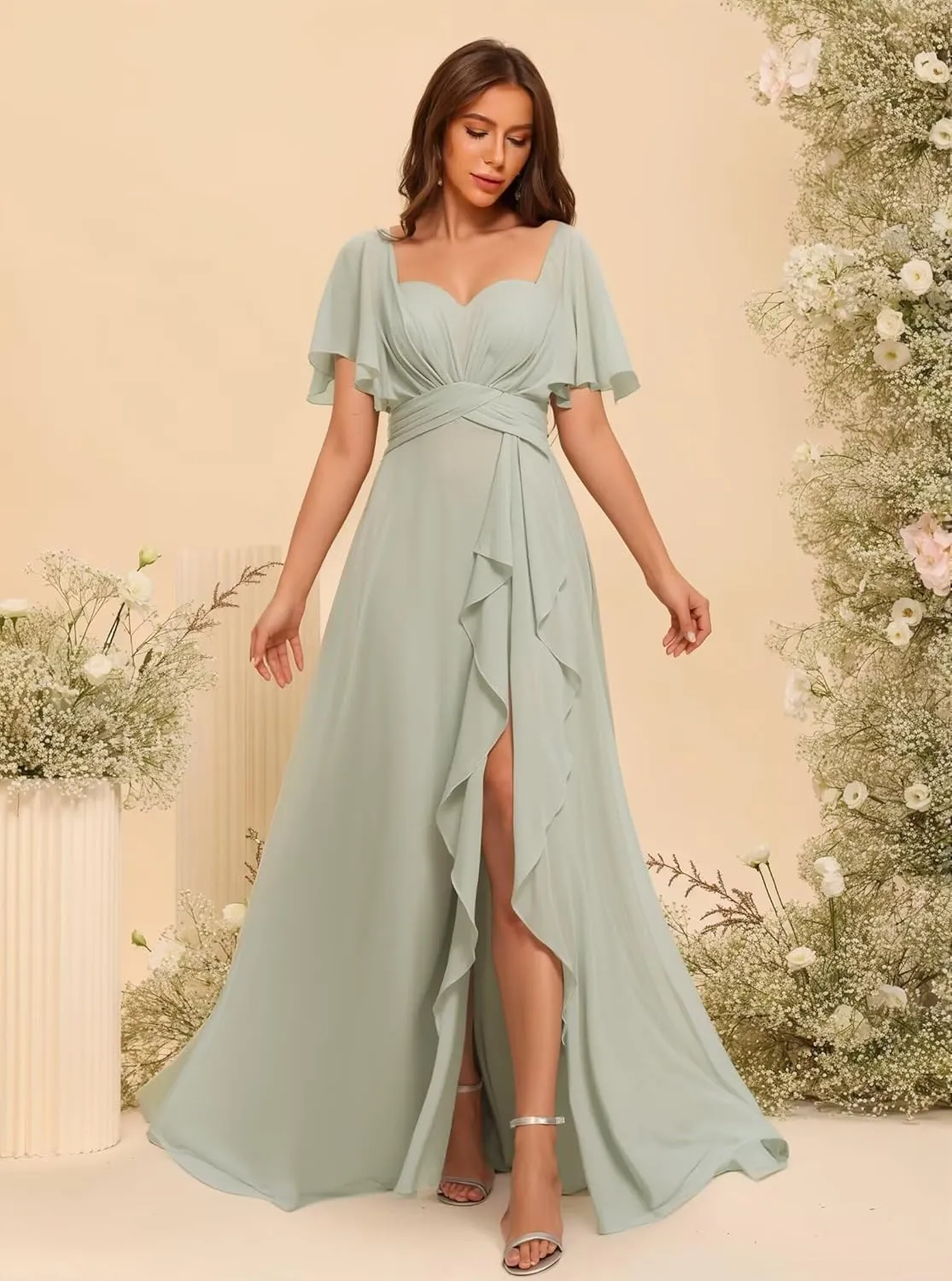 Stylefun A Line Chiffon Bridesmaid Dresses with Slit Flutter Sleeve Formal Party Dress CYM272