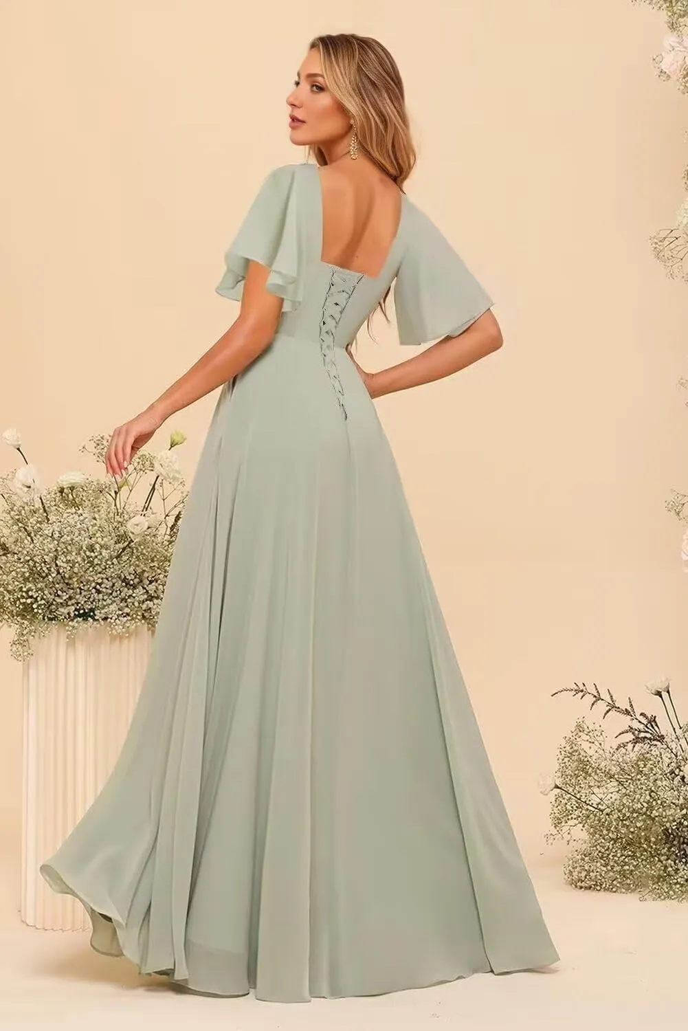 Stylefun A Line Chiffon Bridesmaid Dresses with Slit Flutter Sleeve Formal Party Dress CYM272
