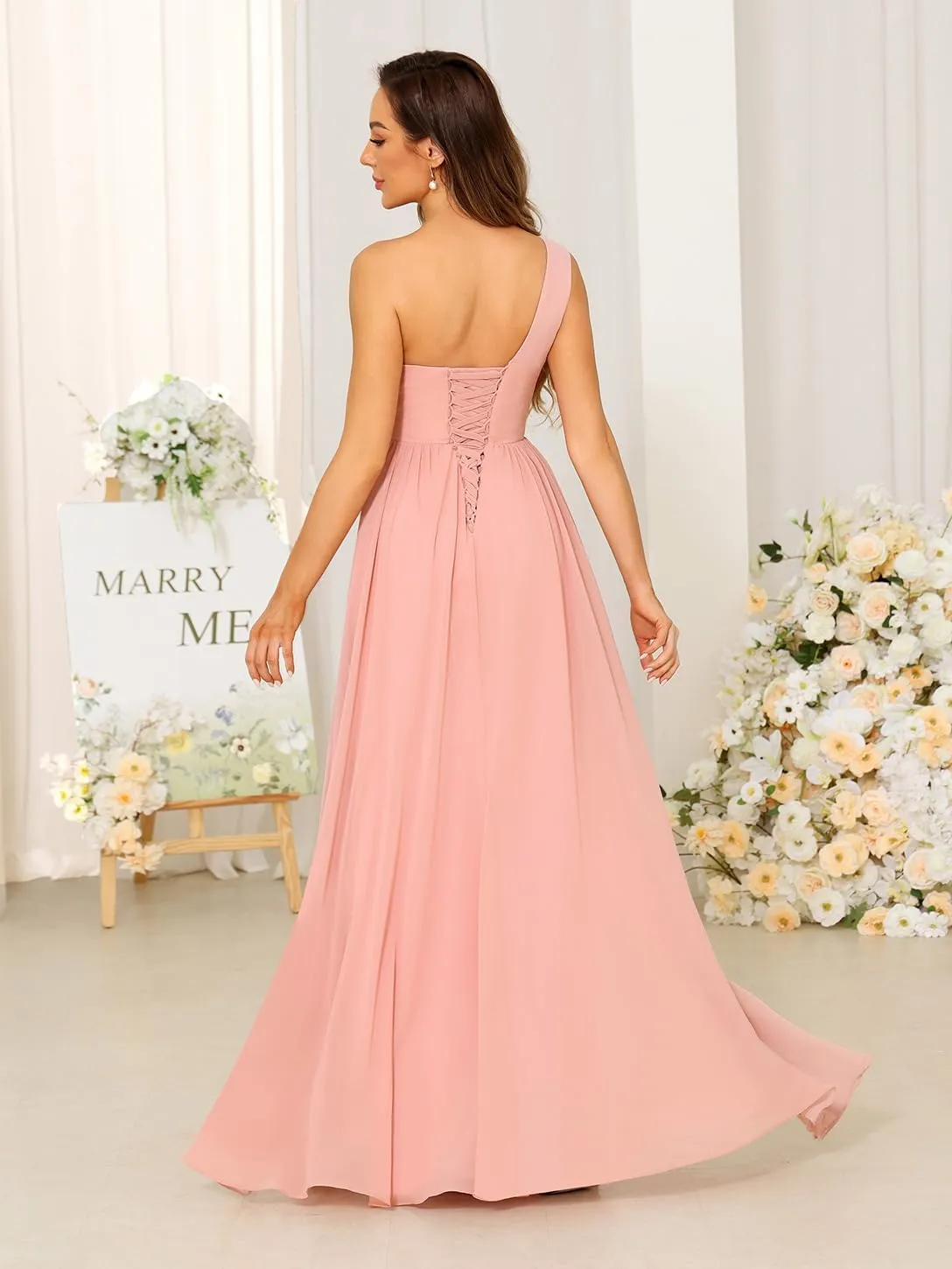Stylefun One Shoulder A-Line Bridesmaid Dress with Slit Chiffon Pleated Formal Evening Gowns for Women CYM207