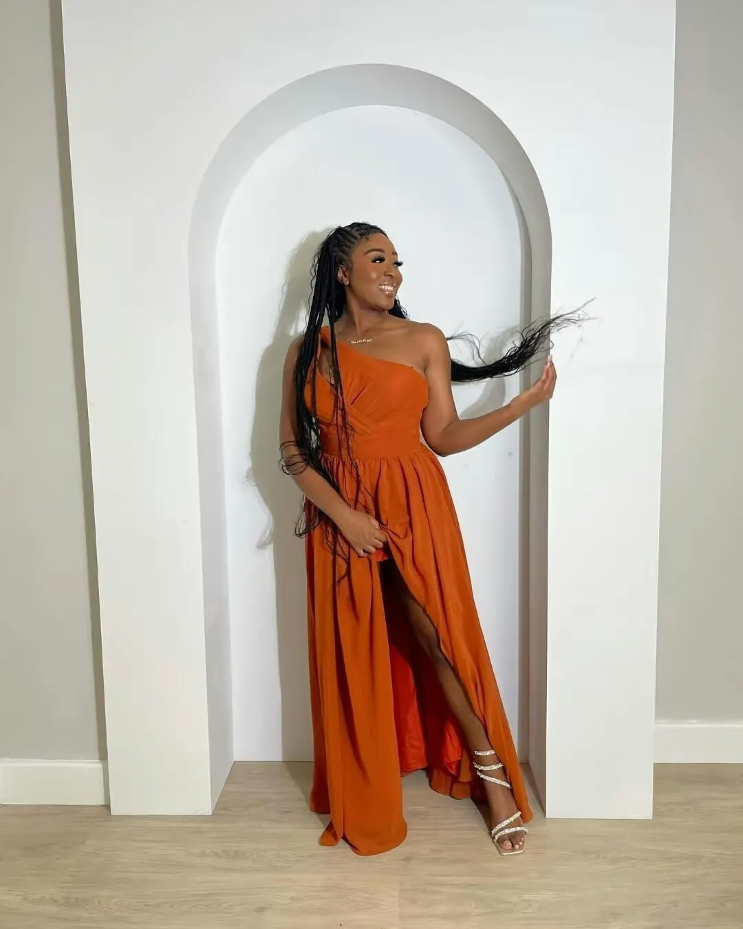 Stylefun One Shoulder A-Line Bridesmaid Dress with Slit Chiffon Pleated Formal Evening Gowns for Women CYM207