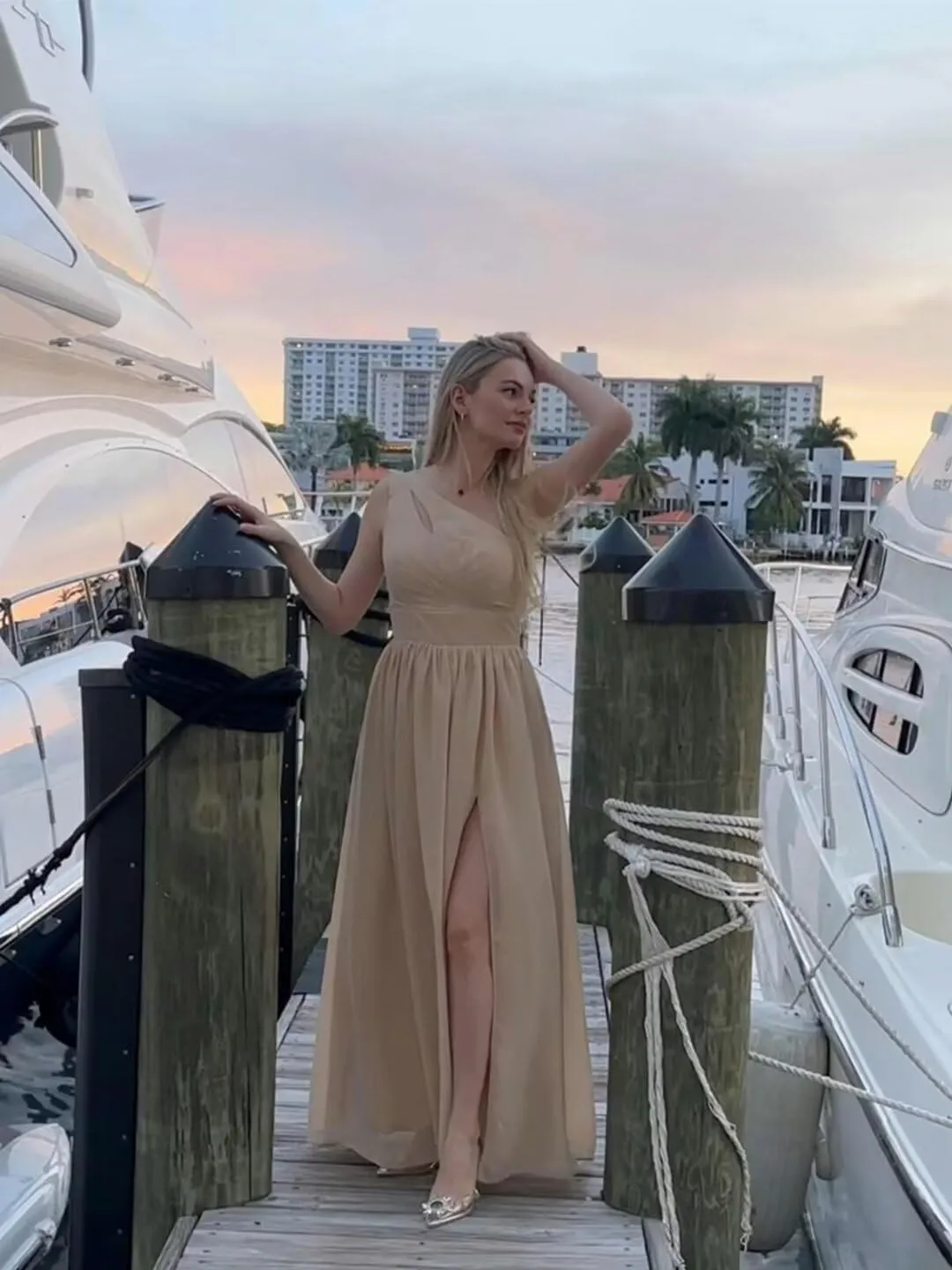Stylefun One Shoulder A-Line Bridesmaid Dress with Slit Chiffon Pleated Formal Evening Gowns for Women CYM207