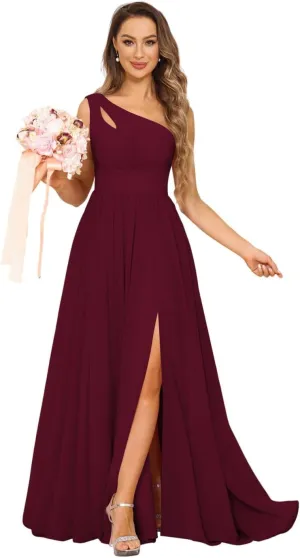 Stylefun One Shoulder A-Line Bridesmaid Dress with Slit Chiffon Pleated Formal Evening Gowns for Women CYM207