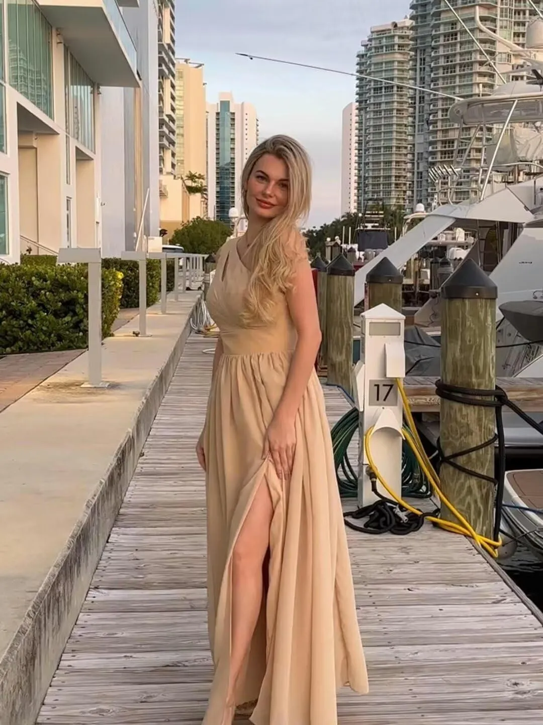 Stylefun One Shoulder A-Line Bridesmaid Dress with Slit Chiffon Pleated Formal Evening Gowns for Women CYM207