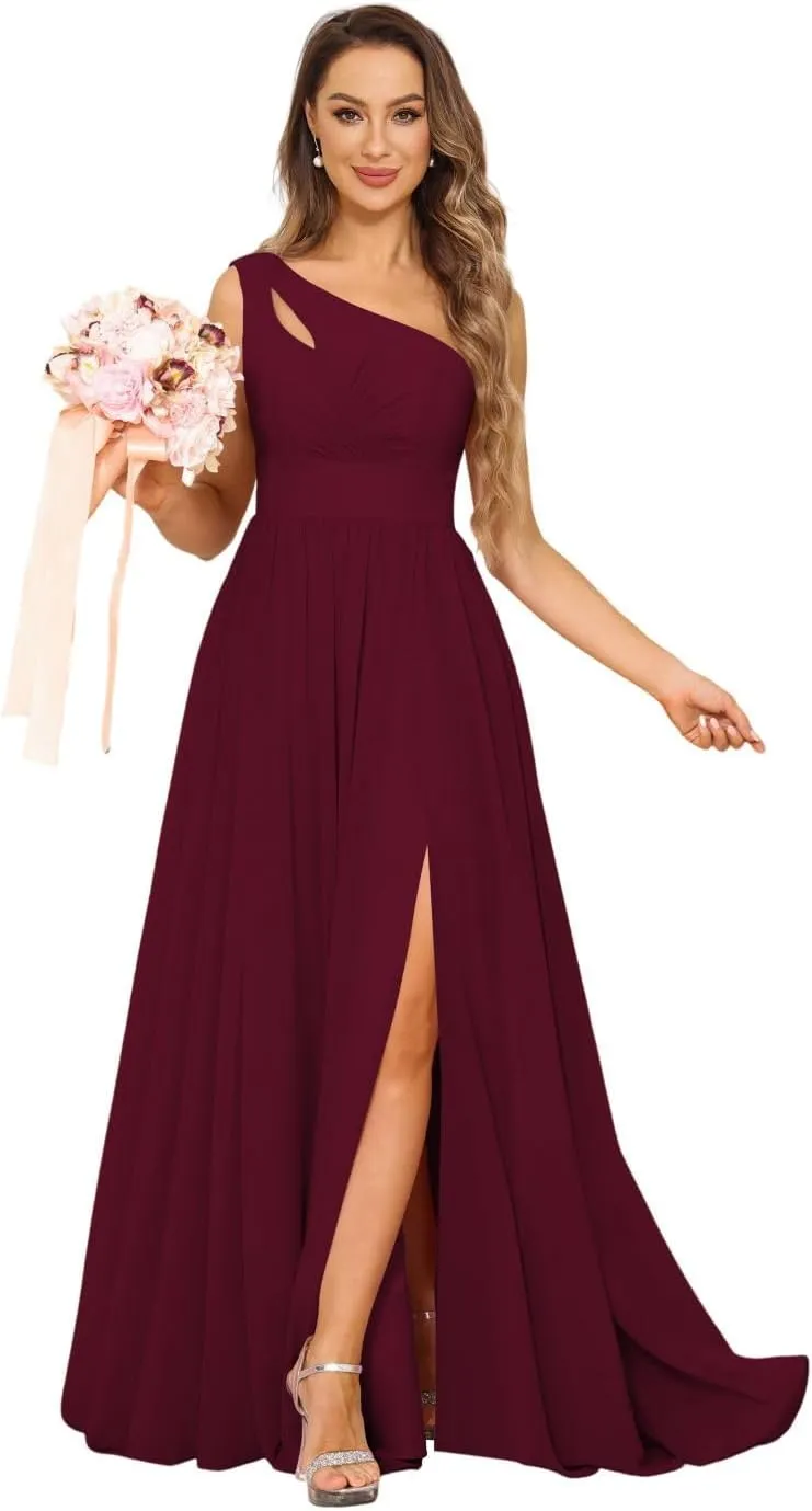 Stylefun One Shoulder A-Line Bridesmaid Dress with Slit Chiffon Pleated Formal Evening Gowns for Women CYM207